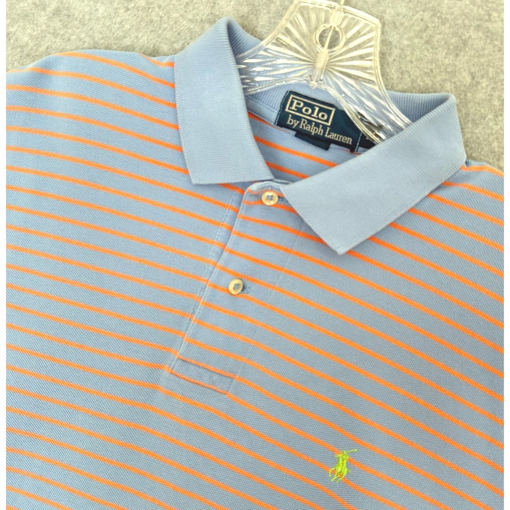 Polo Ralph Lauren Golf Polo Shirt Mens Medium Blue Orange Striped Short Sleeve